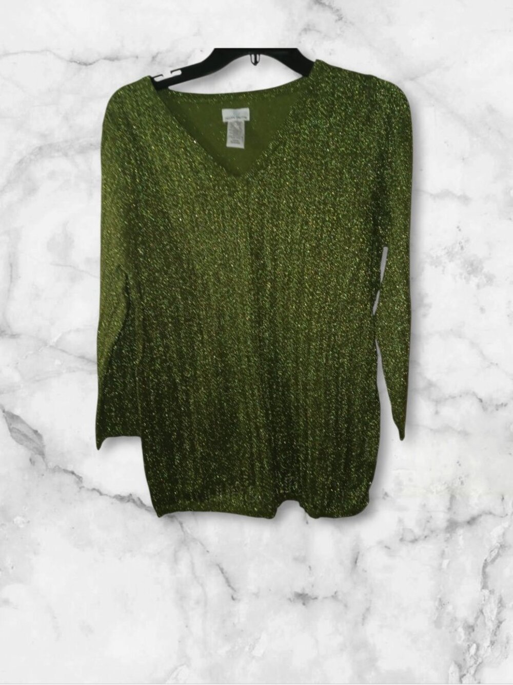 Jaclyn Smith Green Metallic Shimmer V-Neck Sweater Size Large